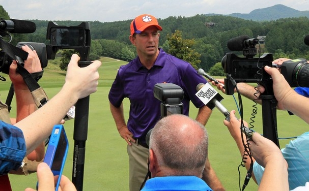 Clemson University Head Football Coach Dabo Swinney addresses the media at the Reserve at Lake Keowee. (AP photo: Anderson Independent-Mail, Mark Crammer)